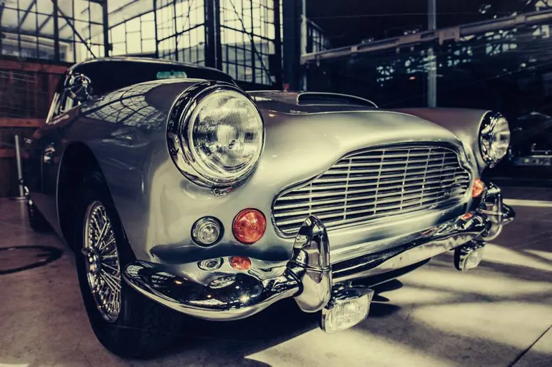 Close up of a silver Aston Martin DB5
